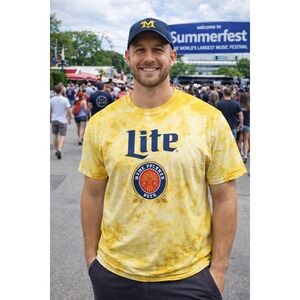 Miller Lite Beer T-Shirt Yellow‎ Tie Dye Graphic Print Mens Large